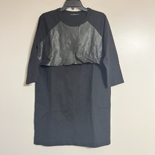 Women's Cos Black 3/4 Sleeve Knee Length Dress Front Leather Panel Size Medium