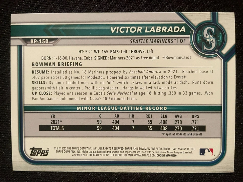 Victor LABRADA 2022 Bowman Prospects First #BP-150 Seattle Mariners - Image 2 of 2