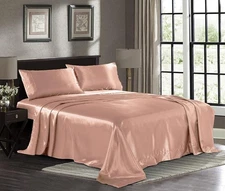 Pure Bedding Satin Sheets Queen 4-Piece Set Rose Gold Microfiber Deep Pocket