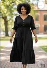 Plus size Black Tiered V Neck Midi Dress With Buttons Sz 1 X