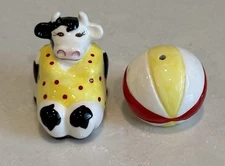 Vtg Clay Art Miniature, Cow and Beach Ball Salt and Pepper Shakers, Mini S&P