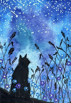 #ad ACEO Art Print Cat Night Sky Flowers Mini 2.5x3.5 by Lisa LaBruno $3.50