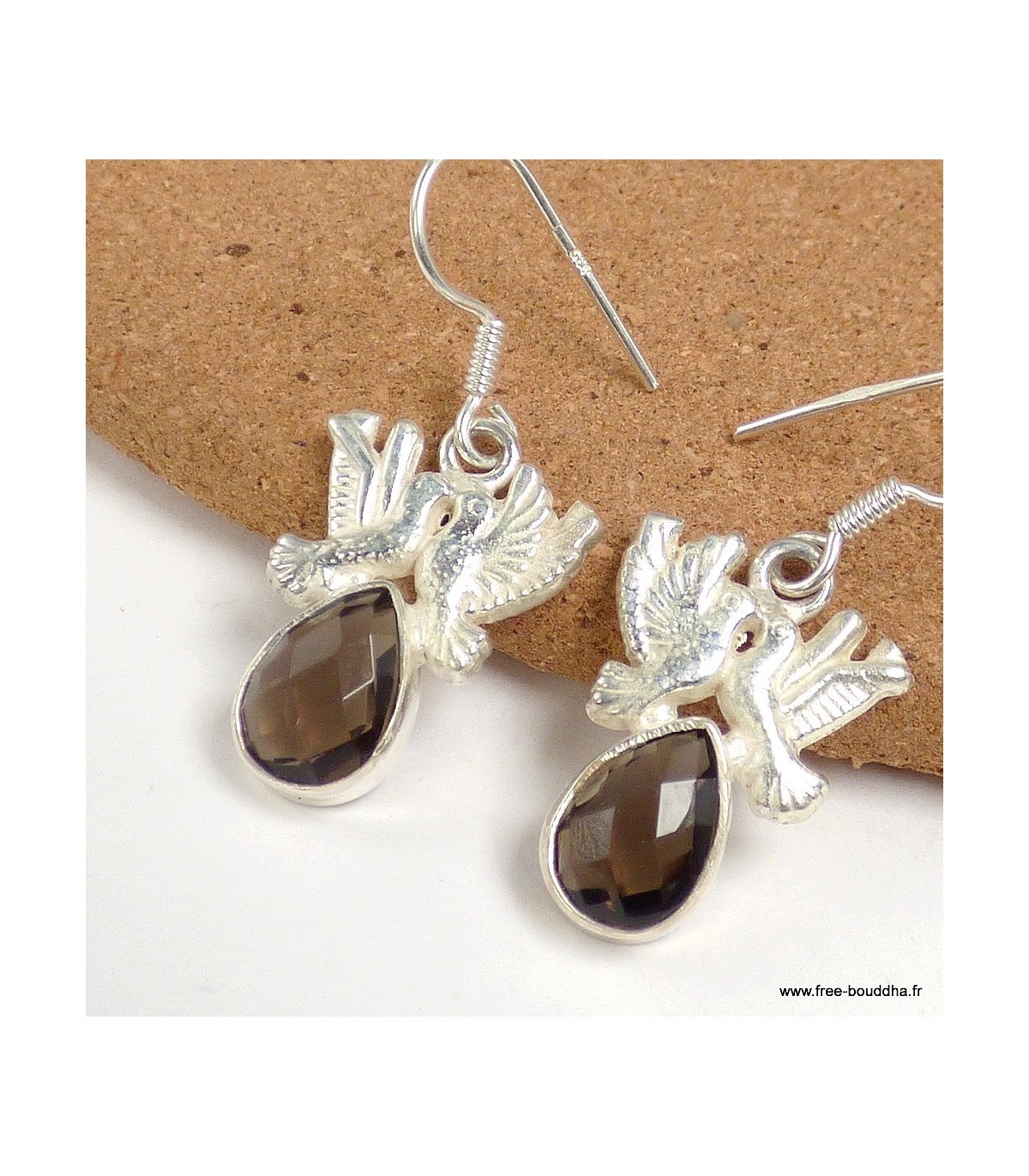 Boucles d'oreilles Quartz fumé facetté anti-allergie et légères pour lobes sensibles Tourterelles