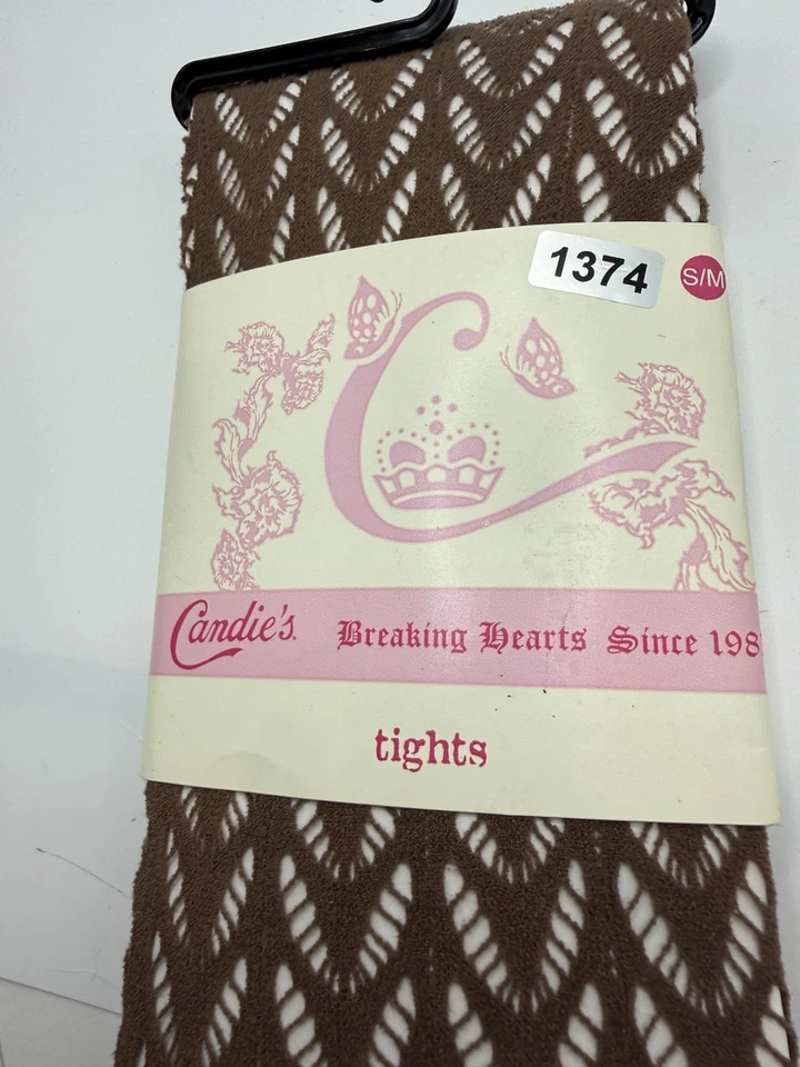 Meia-calça feminina Candie’s marrom padrão aberto S/M Chevron malha de renda NOS vintage - Imagem 2 de 3