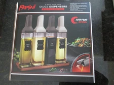 PARINI 4PC AUTO-POUR SAUCE  DISPENSERS WITH WOOD TRAY, NIB SEALED