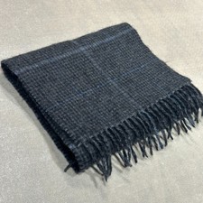 100 Cashmere Scarf Charcoal Gray Blue Windowpane Fringe Soft Luxury