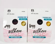 2 L'eggs Silken Mist Control Top Silky Sheer Leg Run Resistant JET BLACK Tight B