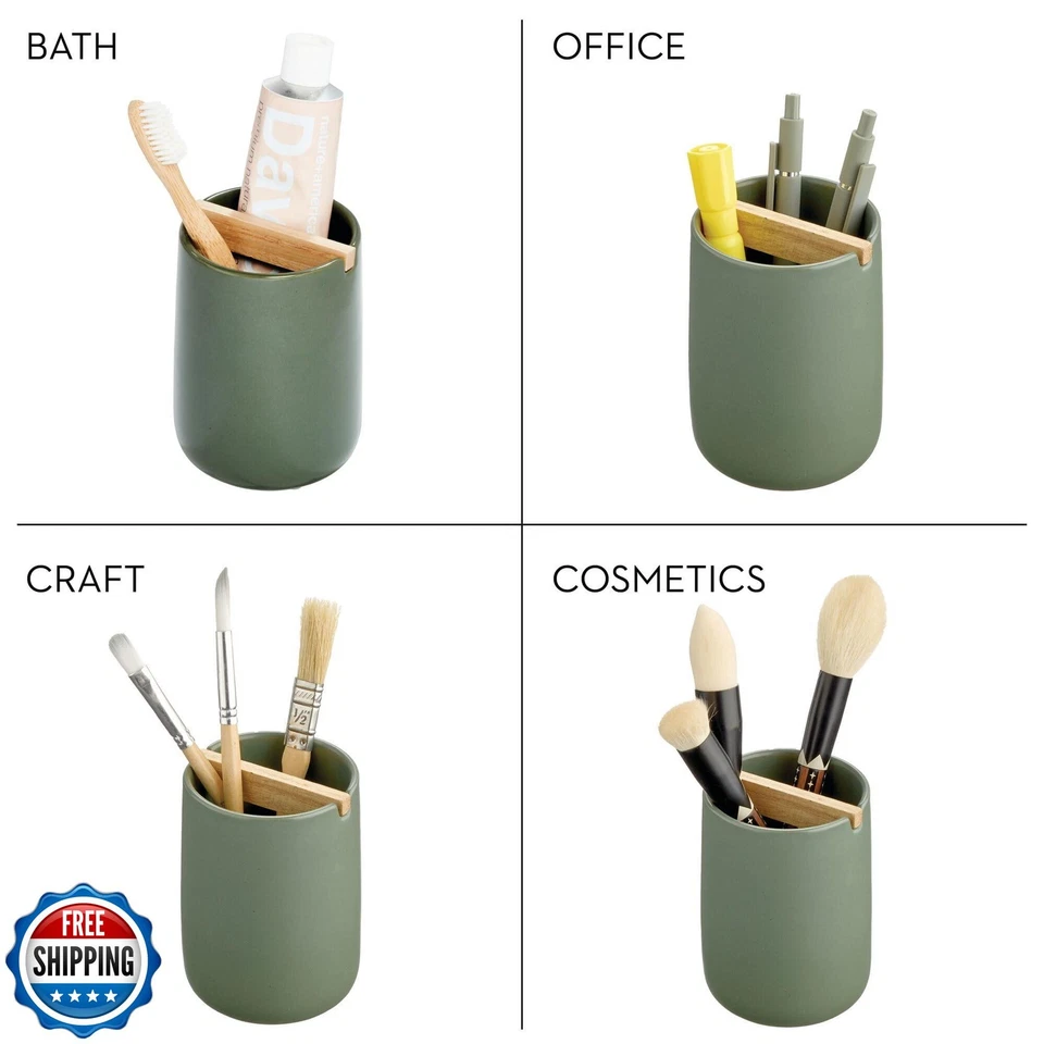 Soporte para cepillo de dientes iDesign Ceramic Earth Collection con división de madera de paulownia Foto 3 de 4