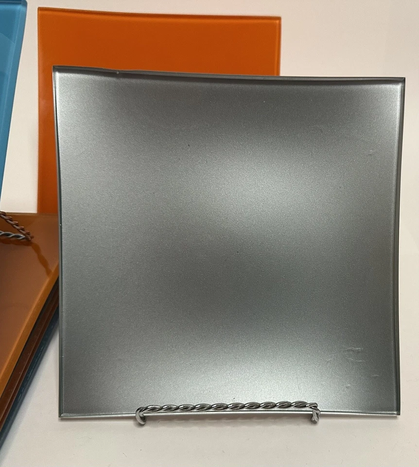 8 ~ Placas cuadradas vintage de vidrio de color liso de 7" pintadas en la parte posterior azul naranja plata Foto 4 de 4