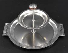 VTG International Decorator Stainless Steel 2-Tier Tidbit Tray Wood Accent 13.75