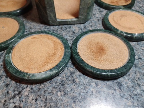 Vintage Green Marble Coaster Set With Cork Top Felt Bottom & Holder - Picture 7 of 11