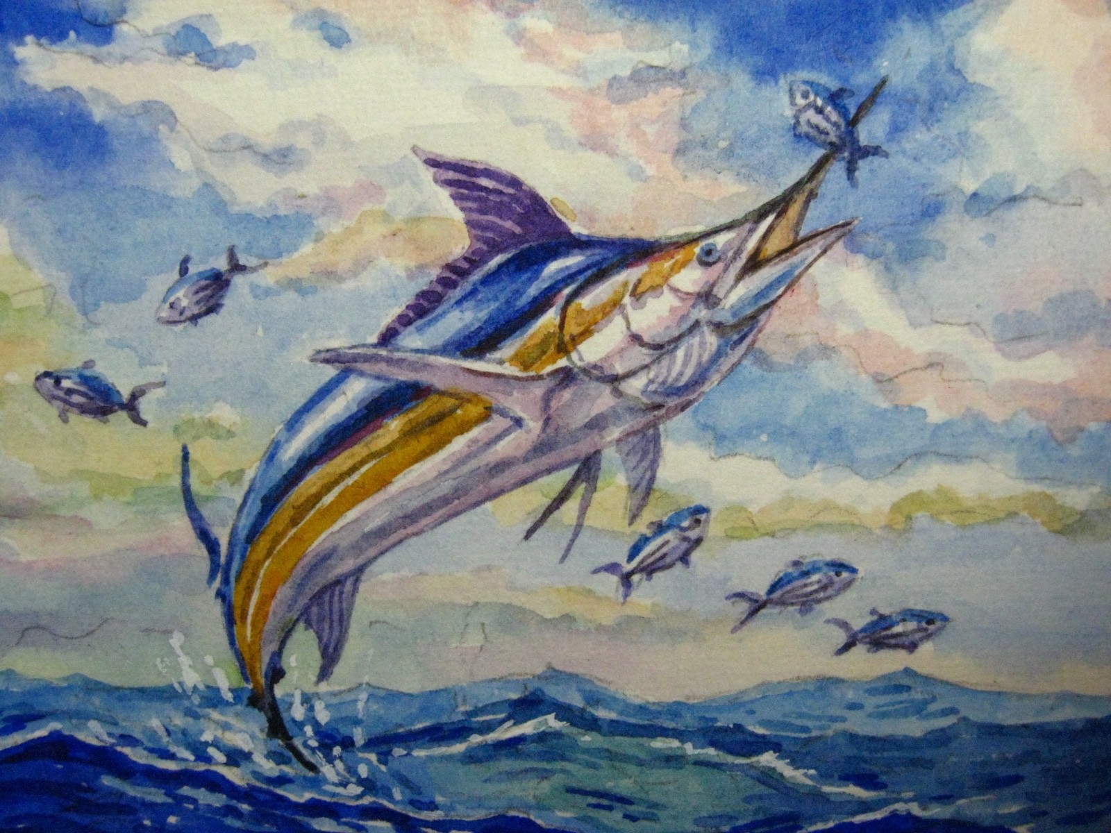 Watercolor Painting Blue Ocean Fish Marlin Fishing Bait Seascape Nature
