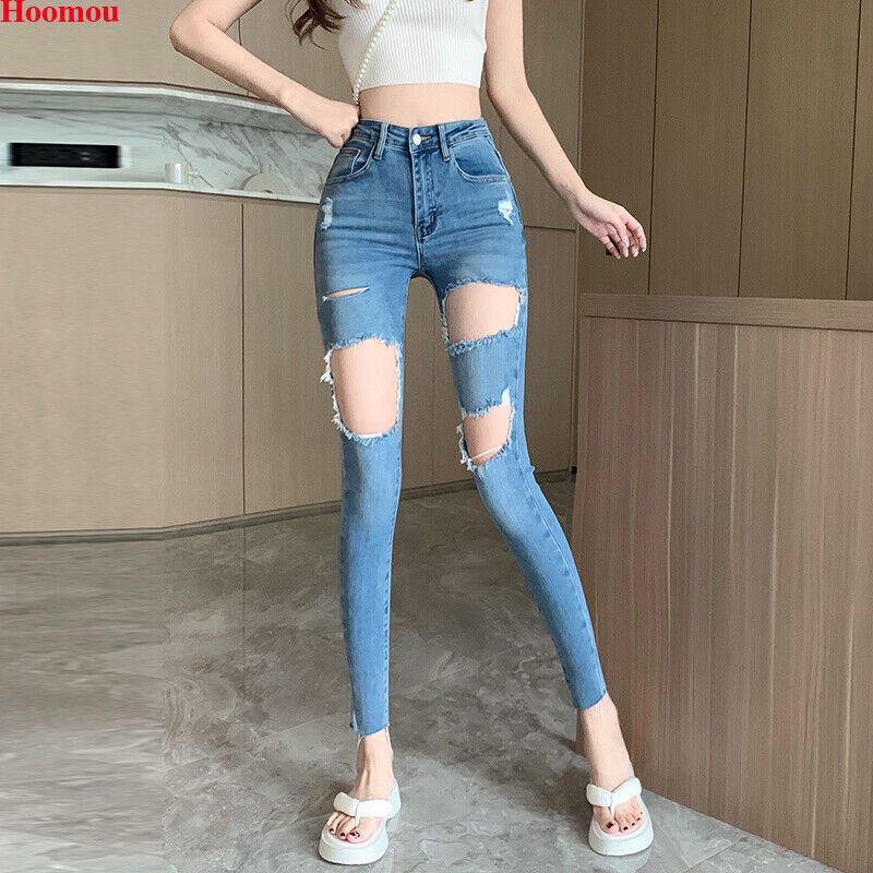 Korea Women High Waist Ripped Denim Jeans Skinny Leggings Straight Cropped  Pants