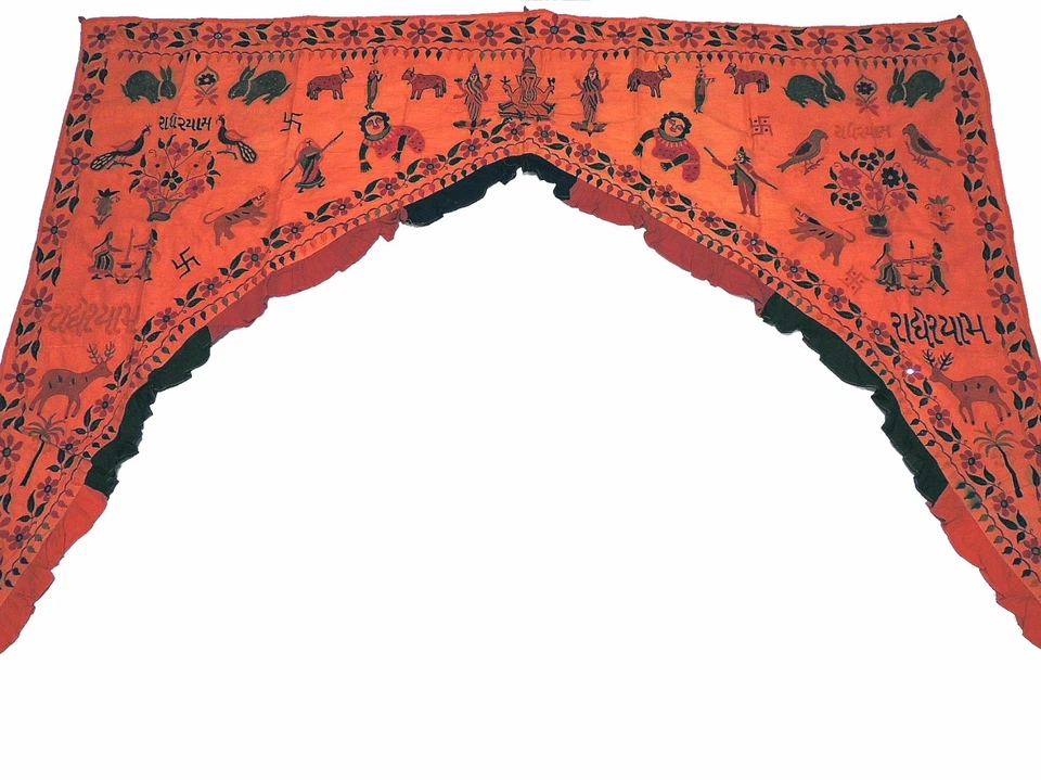 Enorme cenefa naranja bordada puerta ventana puerta Ganesha vintage 77"x58" Foto 2 de 4