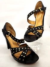 Kenneth Cole 'LOOP HOLES' Black Studded Leather Open Toe Platform Heels 8.5 M