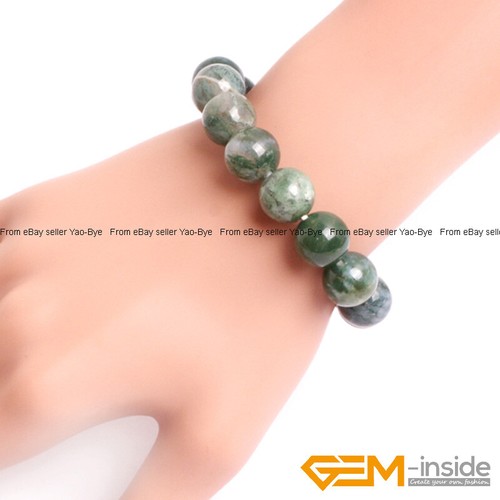 Natural Green Moss Agate Gemstone Charm Round Beaded Stretch Bracelet Jewelry 7" - Picture 26 of 30