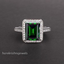 Emerald Cut 2.95CT Real Emerald Engagement Wedding Halo Ring 14K White Gold Over