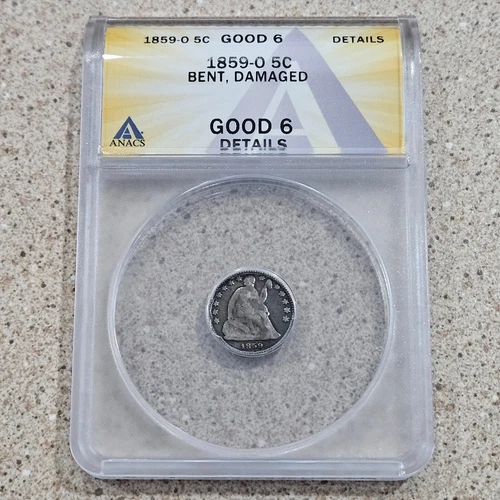 1859 O 5C Seated Liberty Half Dime Silver Coin ANACS Bent Damaged Good 6 Details