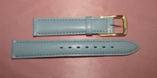 Bracelet de montre cuir véritable veau bleu ciel L 16 mm neuf boucle dorée