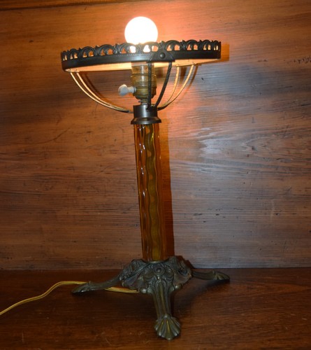 Antique ART NOUVEAU Table Lamp LOETZ Iridescent Glass Shade 20" tall Tiffany Era - Picture 7 of 12