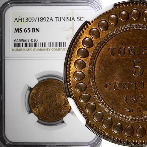 Tunisia Ali III Bronze AH1309//1892 A 5 Centimes NGC MS65 BN TOP GRADED KM221(0)