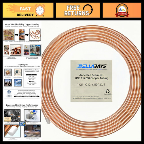 1/2" OD Copper Tubing 50ft - Seamless Soft Coil for HVAC, Refrigeration, DIY Pro