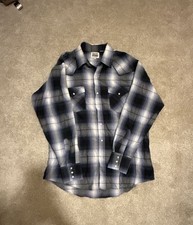 Ely Cattleman Western Shirt Size L Blue Black White Plaid Pearl Snap