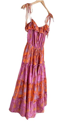 Charina Sarte Sleeveless Maxi Dress Pink Orange Paisley Sz S Pockets Maximalist - Picture 2 of 15