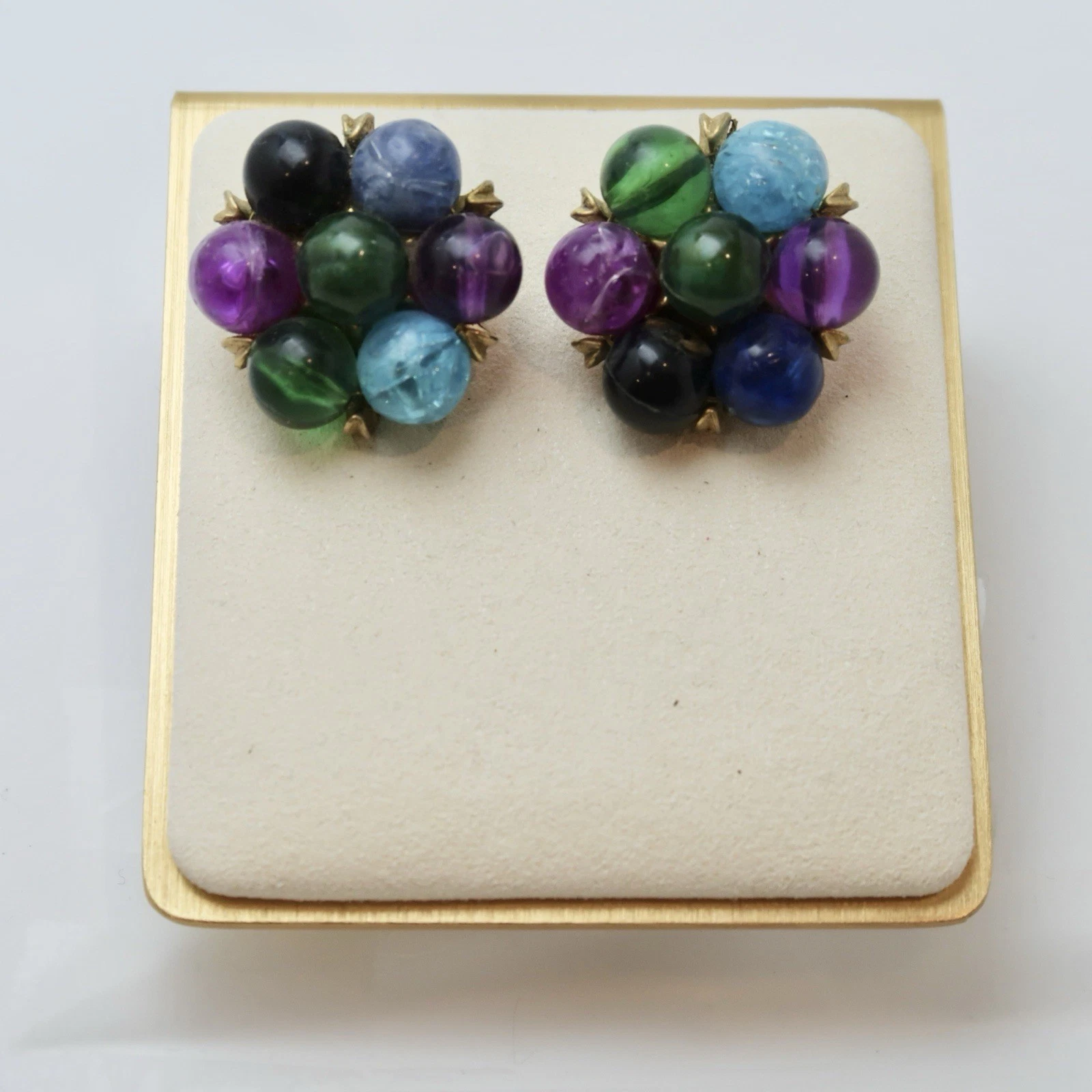 KRAMER Multicolor Bead Cluster Gold Tone Vintage Clip On Earring Jewelry E55