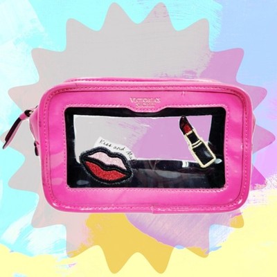 Victoria's Secret Kiss And Make Up Cosmetic Case Clear Pink Patch Travel Cube