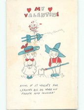Pre-1907 valentine GIRL IN HAT & BOY WITH HOE IN THE FIELD : clearance o3082