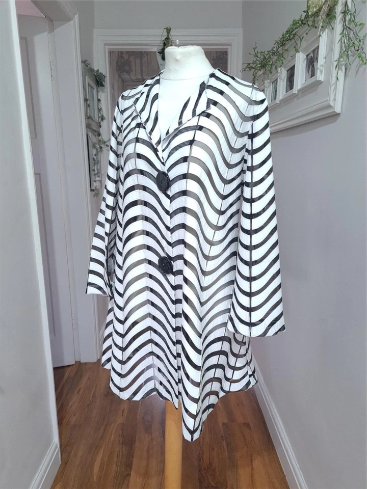 Joseph Ribkoff Black & White jacket Coat Oversize Stripe Semi Sheer Long UK 14 - Image 2 of 4