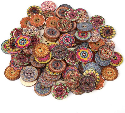 Holzknöpfe - 100 Stück 25mm Mixed zufälliges Muster Vintage Wood Buttons mit 2 L