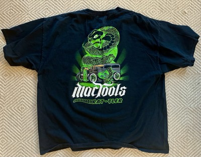 Vintage Mac Tools Hot Rod Snake Graphic Neon Green Pocket Black T Shirt Mens 2XL