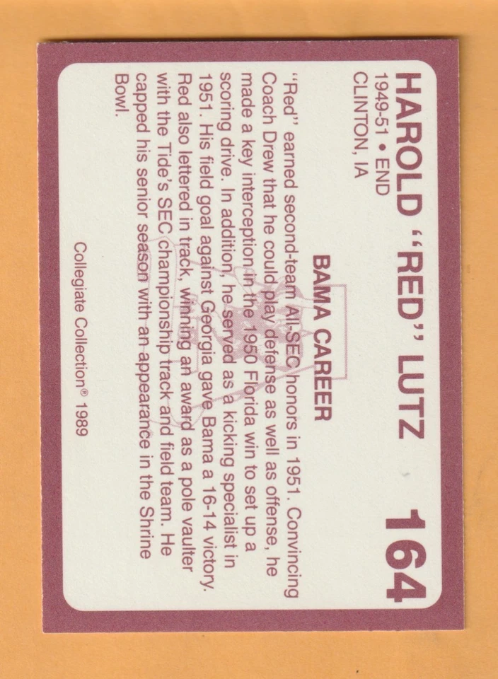 Harold Lutz Alabama Crimson Tide 1989 Card #164 Clinton Iowa - Image 2 of 2