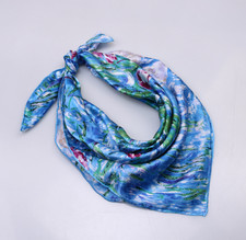 100 Mulberry Silk 90X90cm Scarf Women Neckerchief Wrap Blue Oil Painting Print