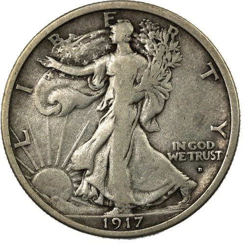 1917-D Obverse Denver Walking Liberty Silver Half Dollar 50C Very Fine VF+