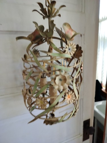 Tole Metal Butterfly Flowers Painted 3 Arm Daisy Chandelier Ceiling Light 24" - Picture 3 of 16