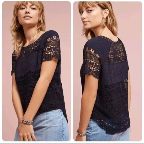 Anthropologie Deletta Spitze Häkeltop Kurzarm marineblau Bluse Größe Small