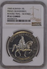 1968 Albania 10 Leke  REVERSE TRIAL - SILVERED  NGC PF 61 CAMEO *SKANDERBEG*