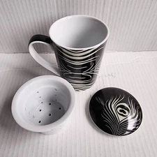 Thomas Paul PPD Loose Tea Cup Mug Set Black & White Peacock Feather Porcelain
