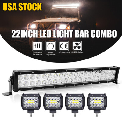 22Inch 1200W Led Light Bar Spot Flood Combo + 4x 4'' Pods Offroad Fog Driving ATV