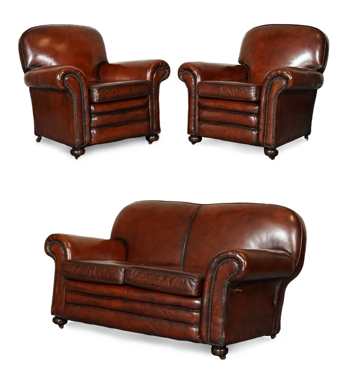 Victorian Maroon Dyed Leather Club Sofa Suite