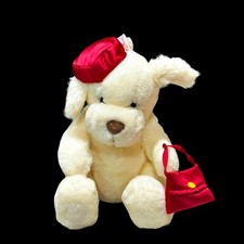 Vintage Dakin White Dog Plush Red Hat Purse 9 Inch Stuffed Animal Puppy 1980s