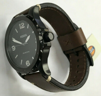 Fossil Jr1450 Nate Black Stainless Brown Leather Strap Men