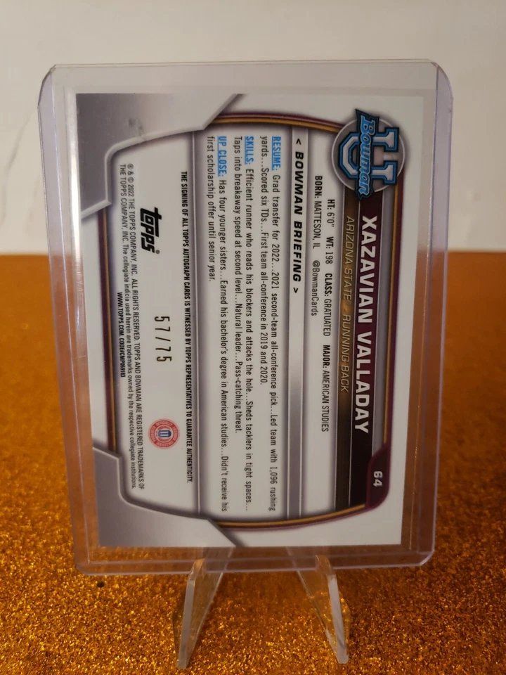 2022 Bowman University Football Xazavian Valladay SSP/75  1st Bowman 💎 💎 💎 💎 - Image 2 of 2