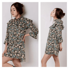 Zara Women's Floral Print Ruffled Bell Sleeve Mini Dress Green Cream Size Medium