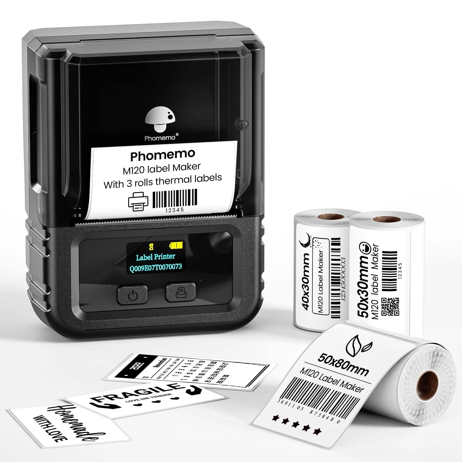 Phomemo M120 Portable Bluetooth Thermal Label Maker with Barcode Printer in Black