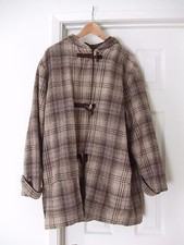 Gap Toggle & Zip Brown Tan Plaid Check Hooded Wool Duffel Coat Hood Pockets L