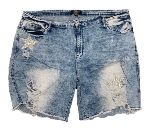 Ashley Stewart Jean Shorts Plus Size 28 48” Distressed Edges Denim Silver Stars